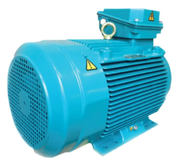 Blue industrial electric motor with ventilation slats and warning labels