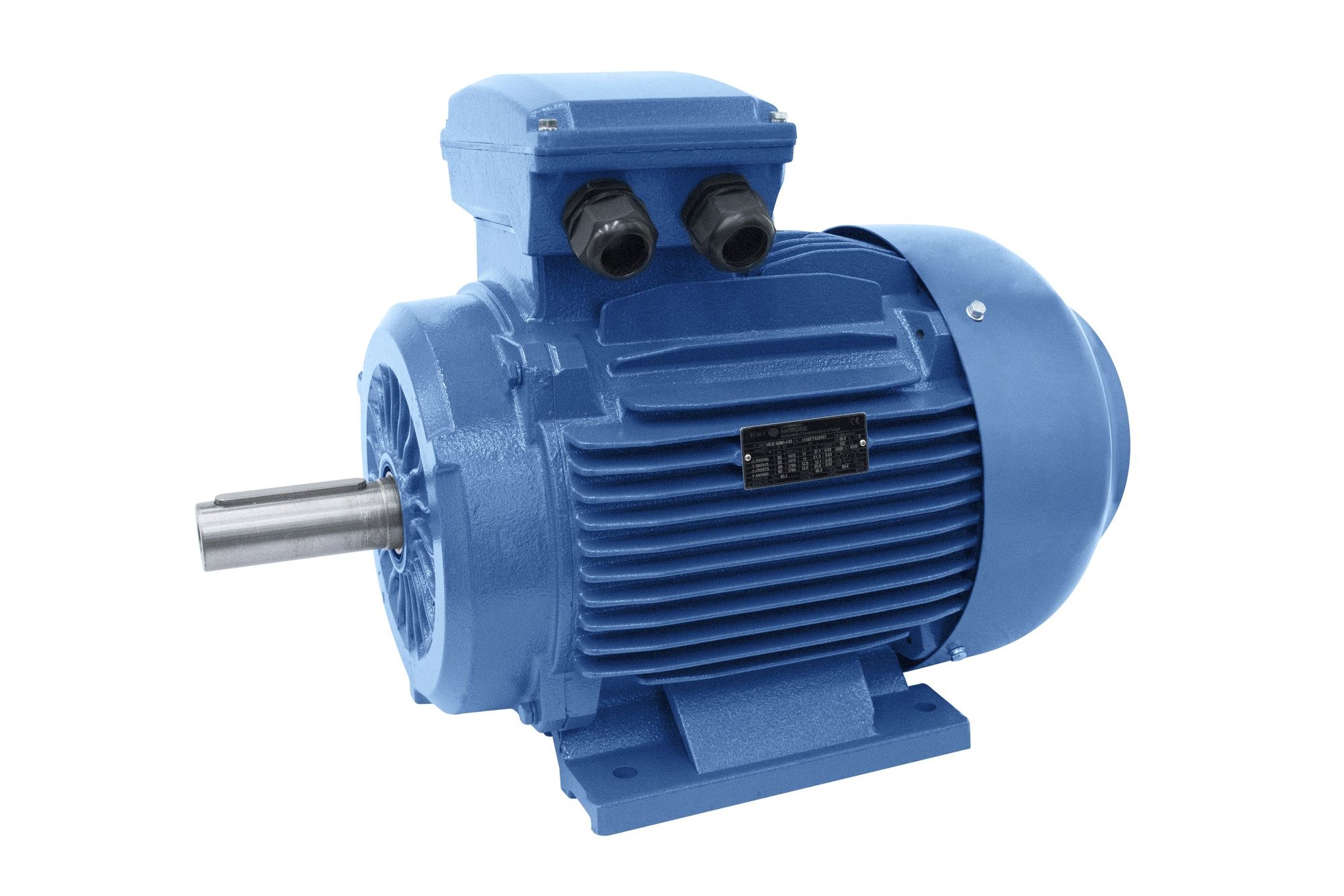 Blue industrial electric motor with black electrical connectors, mounted on a blue base