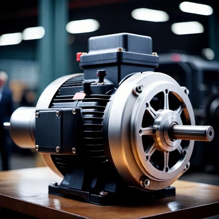 Close-up of an electric motor on a wooden table at an industrial exhibition.