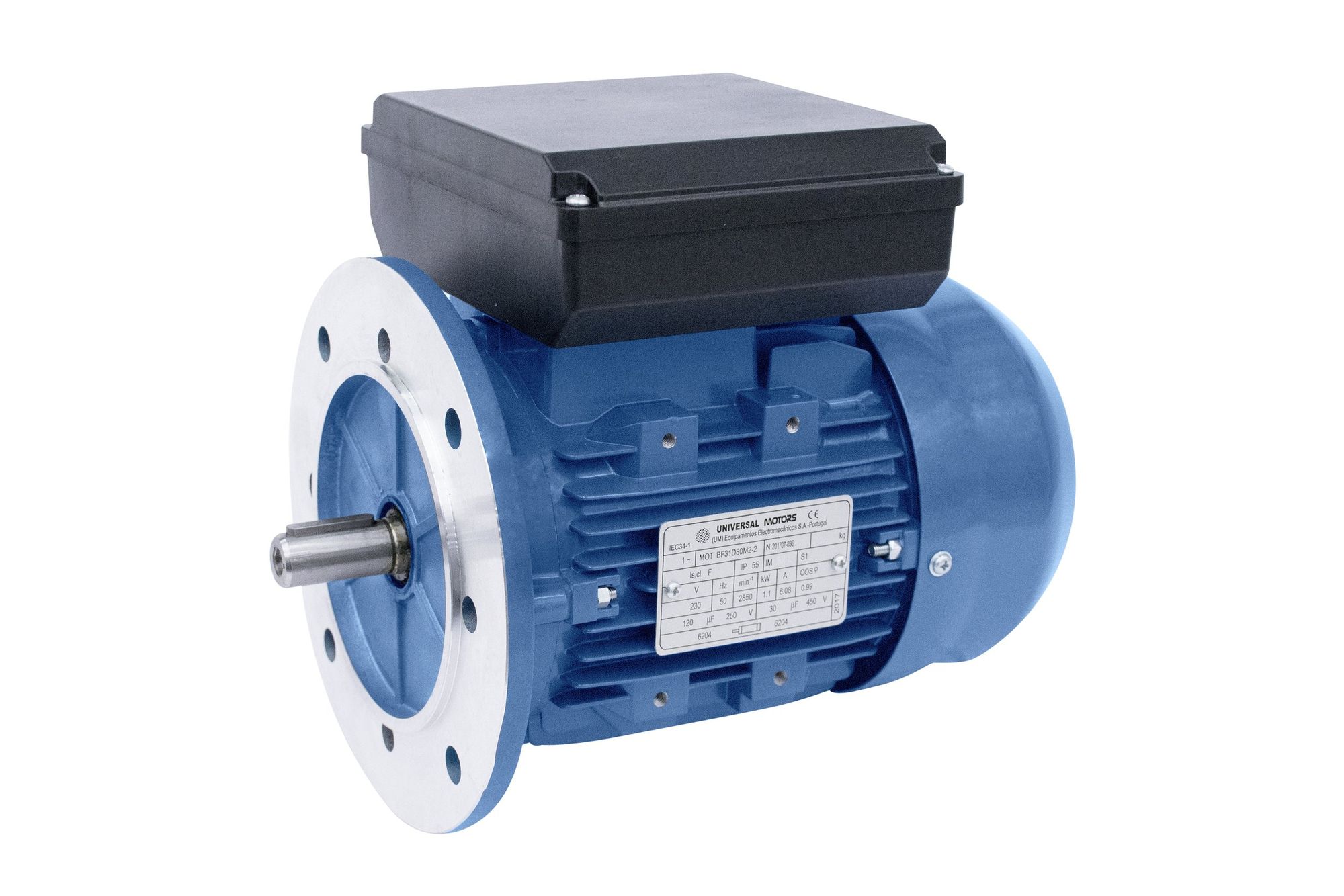 Blue industrial electric motor with black control box on top and metal shaft protruding from the front