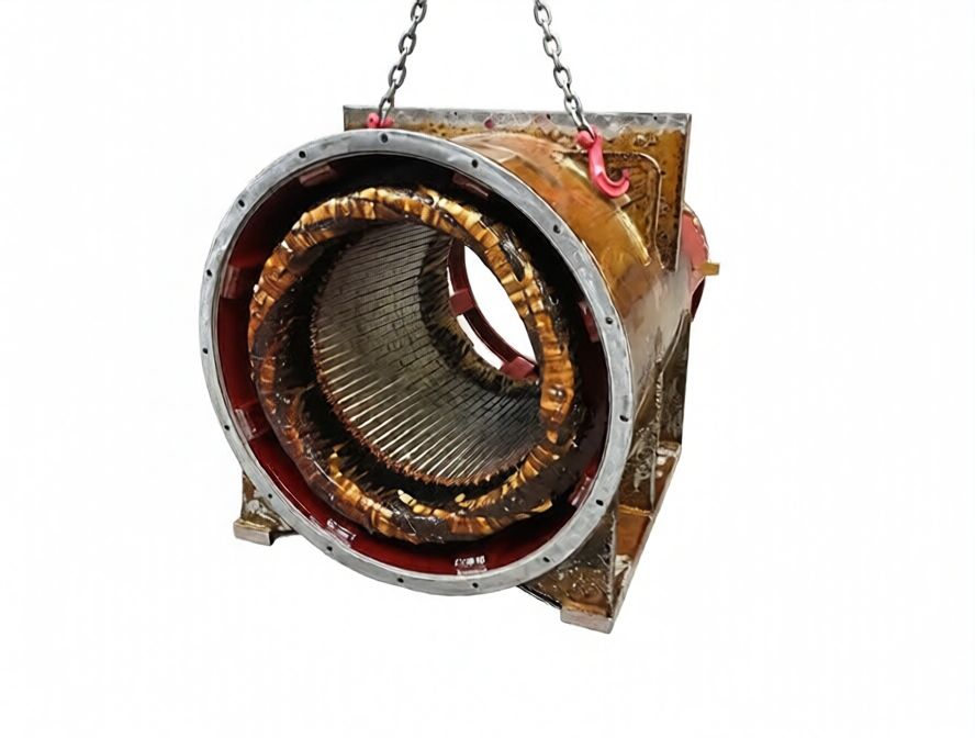 A large turbine component with visible coils and metallic parts, suspended by chains against a white background.