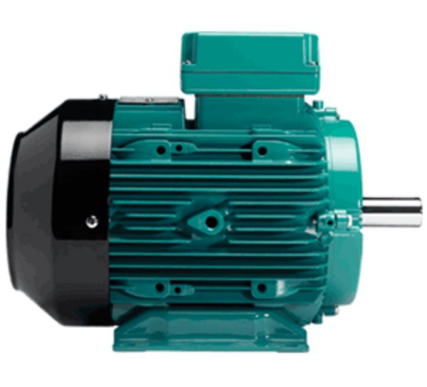 Teal industrial electric motor with a cylindrical body, cooling fins and a metal shaft