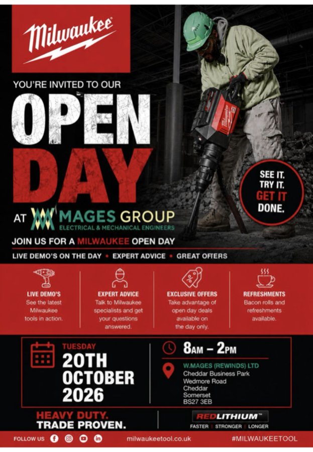 Milwaukee Open Day at Mages Group poster: Tuesday 20th October 2026, 8am to 2pm, Cheddar Business Park